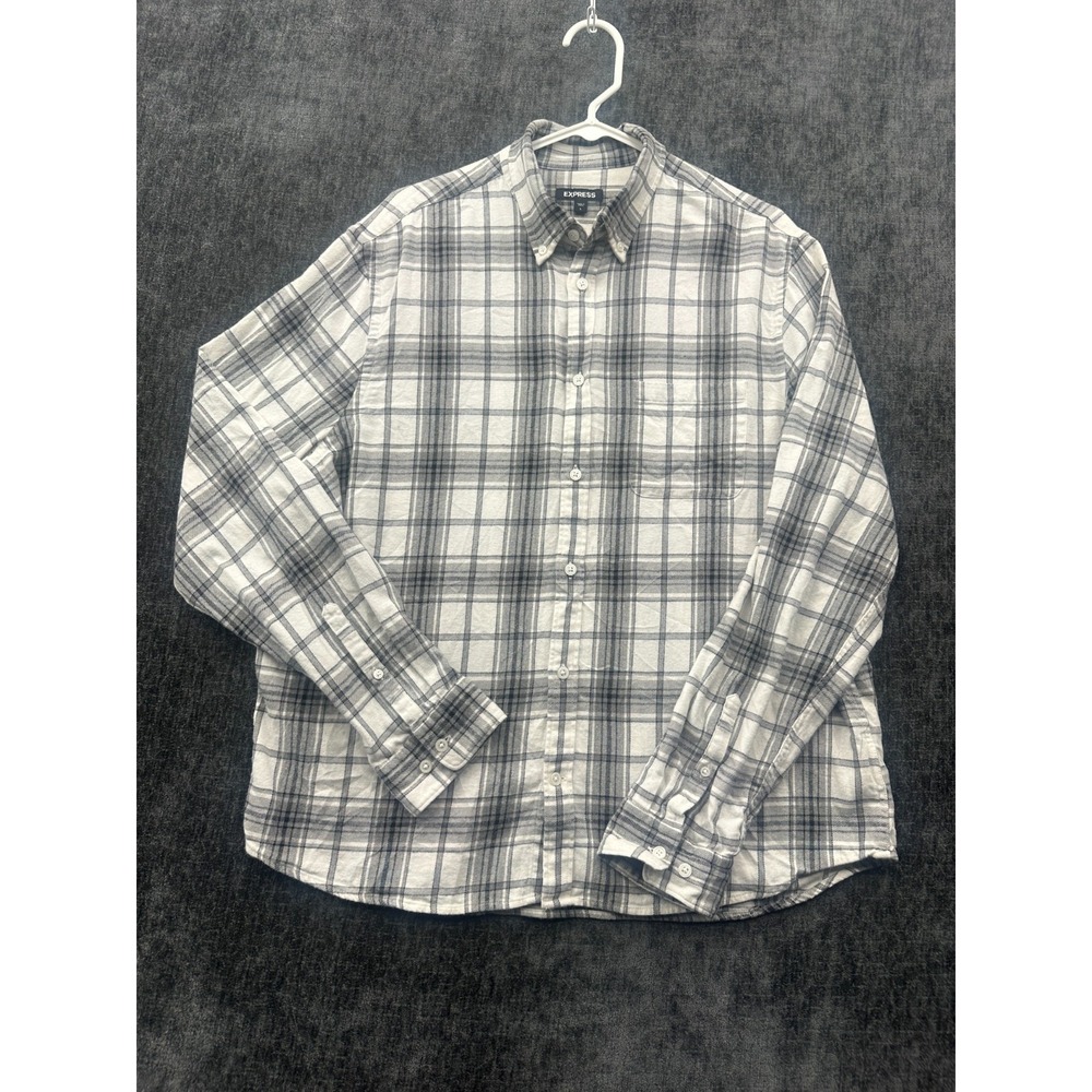 Express Shirt Mens Large White Plaid Flannel Pleated Button Down Everyday Wear